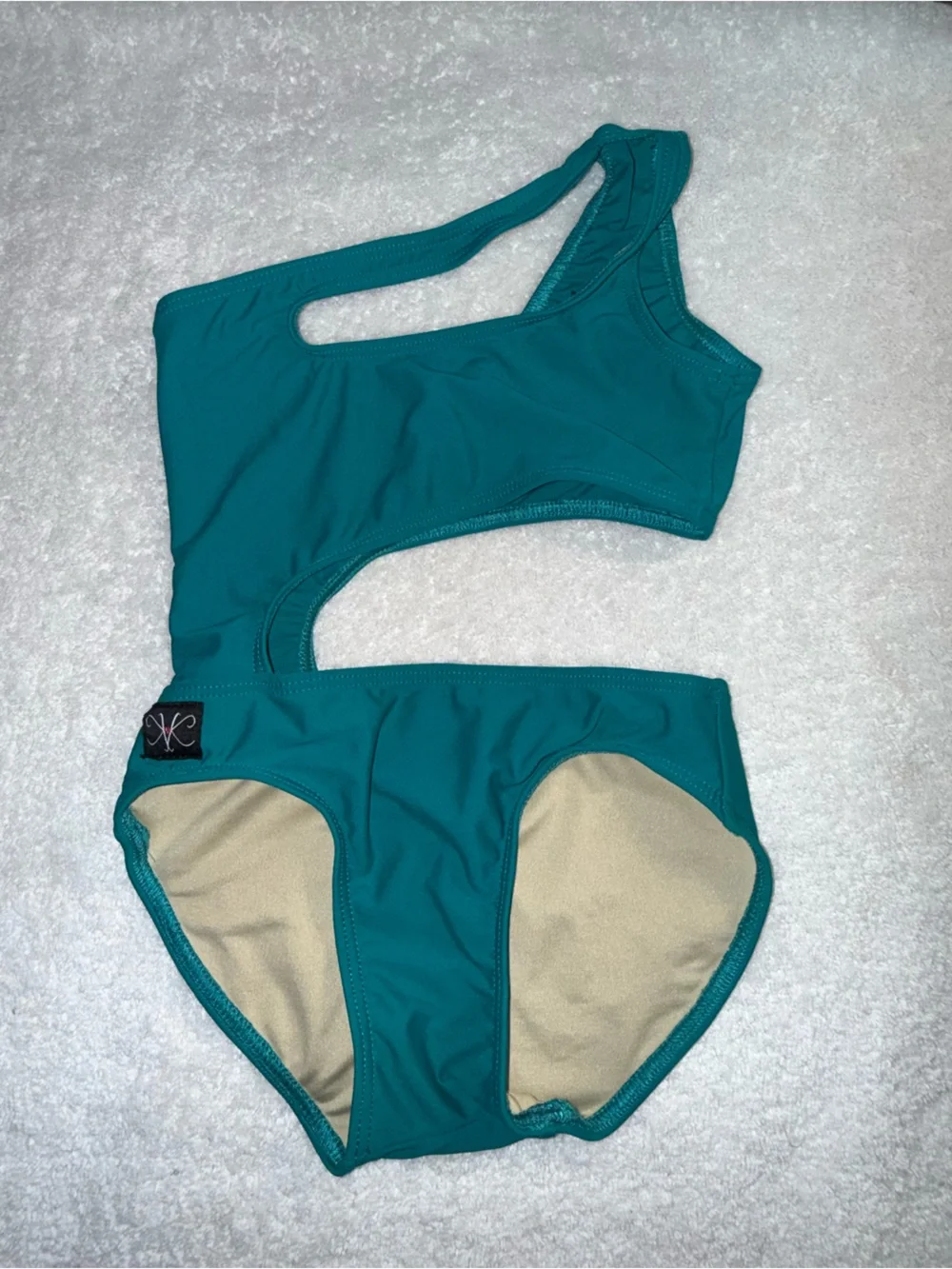 Kandi Kouture Teal One-Shoulder Cutout Kids Leotard Size Child Medium (5/6)